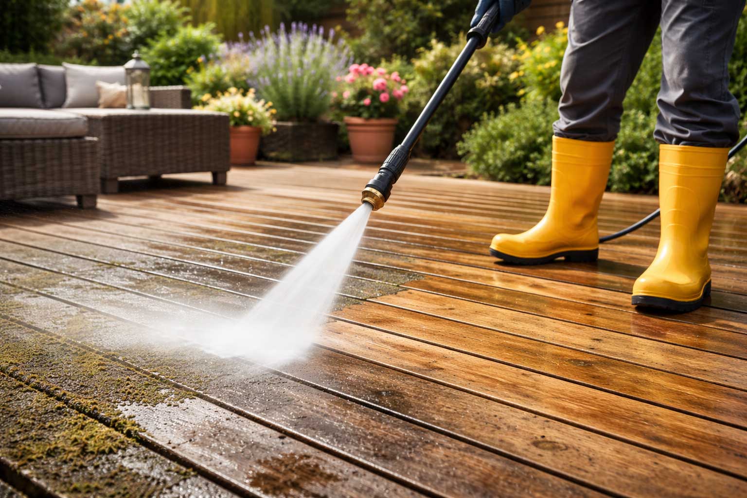 Outdoor surface cleaned by LNJ Maintenance jet washing