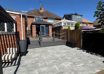Completed garden landscaping Braintree - finished porcelain patio and new decking