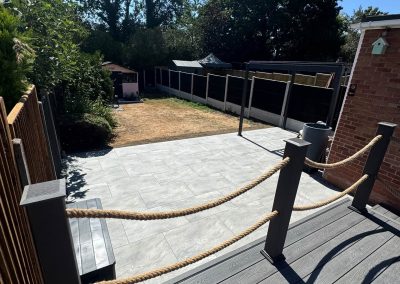 Completed garden landscaping Braintree - wide view of finished patio and pergola with rope rail deck
